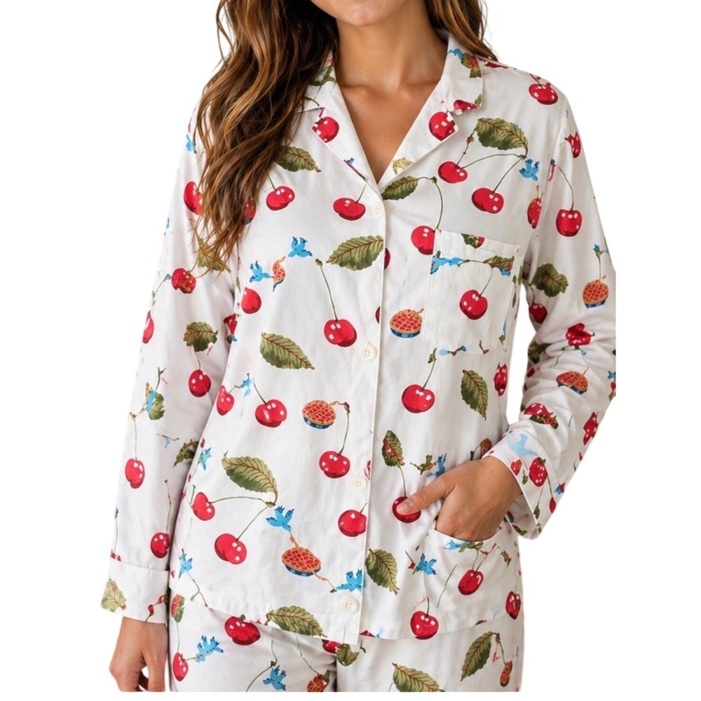 NICK & NORA Pajama Top Cherry Print Sleepwear Women L White Cotton Vintage Style
